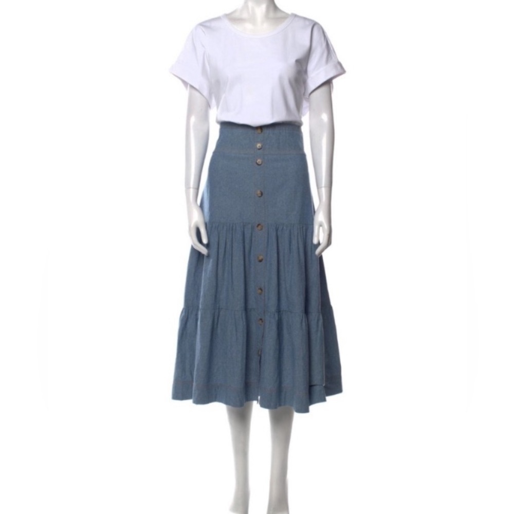 VERONICA BEARD Emmitt Mixed-Media Midi Dress XL Tiered Denim Chambray White